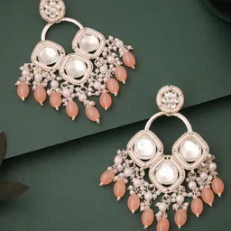 Lyriss Gold Plated Artificial Stone Studded & Beaded Diamond Shaped Drop Earrings-picture-49