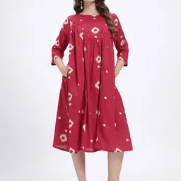 fusion by glitchez Geometric Printed Pleated A-Line Pure Cotton Midi Dress-picture-22