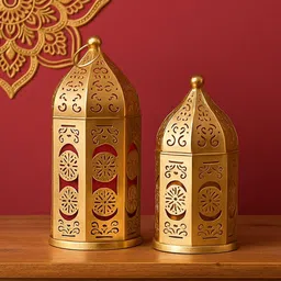 MARKET99 Set Of 2 Golden & Red Domed Design Moroccan Lantern image 5