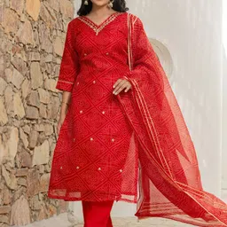 GoSriKi Women Bandhani Printed Kurta with Trousers & Dupatta image 3