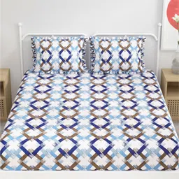 DREAM WEAVERZ White & Blue Geometric Printed 260 TC King Bedsheet Set 2.35mx 2.55m image 3