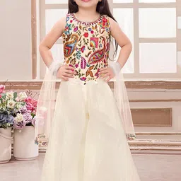 PINK LEAF Girls Floral Embroidered Regular Mirror Work Pure Silk Top with Palazzos & With Dupatta-picture-22