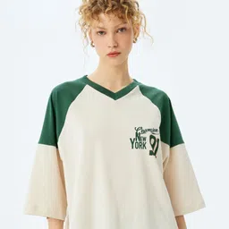 Koton Women Varsity Printed V-Neck Cotton Oversized T-shirt-image-1
