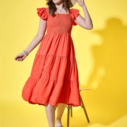 DIMPY GARMENTS Orange Solid Smocked Midi Dress-picture-39