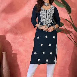 Sangria Floral Embroidered Round Neck Straight Kurta-picture-18