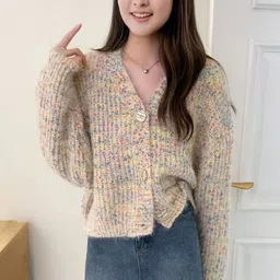 StyleCast Women Speckled Printed Button Detail V-Neck Cardigan-picture-34