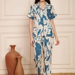 Fbella Women Abstract Printed Cotton Lapel Collar Shirt with Trousers Night Suit-image-52