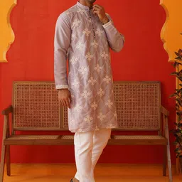 Anouk Men Floral Embroidered Regular Chikankari Kurta with Pyjamas image 5