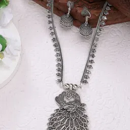 Sangria Silver-Plated Peacock Shaped Oxidised Jewellery Set-picture-34