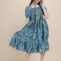 pinly Women Paisley Printed Puff Sleeves Cotton Fit & Flare Midi Dress-picture-23