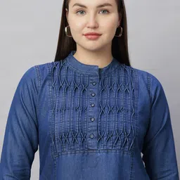 SK Creation Mandarin Collar Pleated Denim Straight Kurta image 2