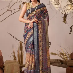 HERE&NOW Ethnic Motifs Print Pure Linen Saree-picture-17