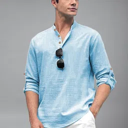 APEKTRA Band Collar Roll-Up Sleeves Straight Short Kurta-picture-32