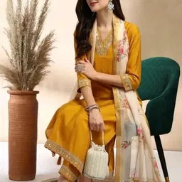 Kiana Women Floral Yoke Design Regular Kurta With Trousers & Dupatta image 5