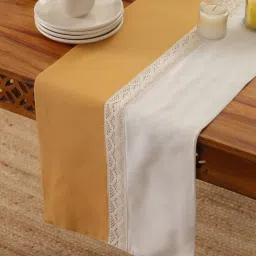 peepul tree Elegant Weave Pure Cotton & Crochet Table Runner in Mustard & Off White (14x60inches) image 1