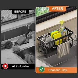 omkrush Dish Drainer Kitchen Rack Kitchen Sink Organizer Rack – Sponge Holder with Drain Tray & Towel Bar Cast Iron image 3