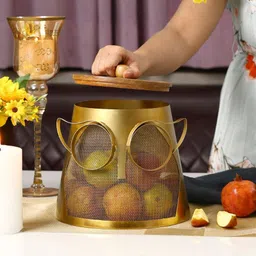 alnoorhandicrafts Netra Mesh Fruit Basket: Stylish Mesh Fruit Bowl with a Detachable Wooden Lid Iron, Wooden Fruit & Vegetable Basket-picture-14