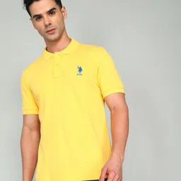 Men Solid Polo Neck Pure Cotton Yellow T-Shirt-image-80