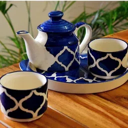the earthy store Pack of 4 Ceramic Hand Painted Ceramic Tea Kattle, Cup and Serving Tray Morning Tea Set-picture-28
