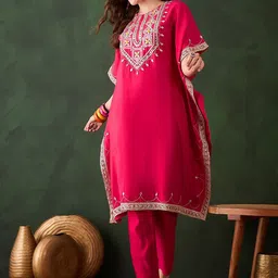 Sangria Geometric Embroidered & Mirror Work Kaftan Kurta With Trouser-image-68