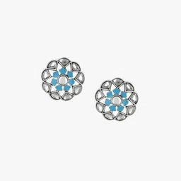 Sangria Blue Silver-Plated Artificial Stones Studded Circular Shaped Oxidised Studs image 2