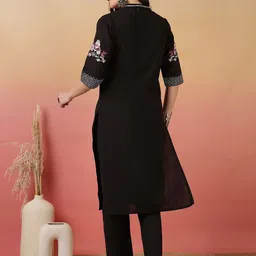 Sangria Black Floral Embroidered Mandarin Collar Pure Cotton Straight Kurta With Trousers image 3