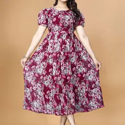 QENA Floral Print Puff Sleeve Georgette Fit & Flare Midi Dress image 4
