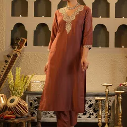 Indo Era Women Ethnic Motifs Yoke Design Regular Sequinned Kurta with Trousers image 2