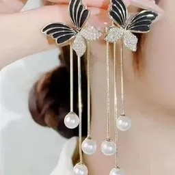 Palli Creation Korean Gold-Plated Crystals Studded & Pearls Beaded Animal Drop Earrings image 2