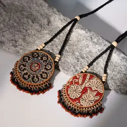WHE Two in One Black and Red Repurposed Fabric and Wood Round Necklace image 3