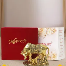 INTERNATIONAL GIFT Gold-Toned Kamdhenu Cow Calf & Baal Krishna Religious Idol Showpiece-picture-14