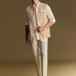 KALKI Fashion Men Floral Printed Mandarin Collar Linen Kurta With Trousers image 2