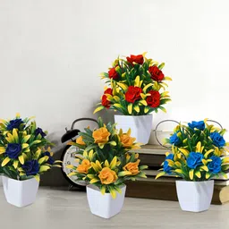 anuash Set of 4 flower with pot for home decoration Multicolor Wild Flower Artificial Flower with Pot-picture-13