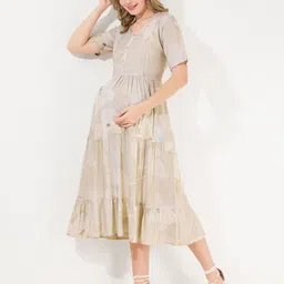 QUIRA Floral Printed Tiered Maternity Fit & Flare Midi Maternity Dress image 3