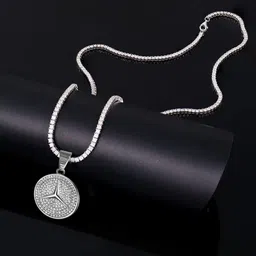 KRENOZ Men Stainless Steel Silver-Plated Rhinestone Studded Circular Pendant With Chains-picture-23
