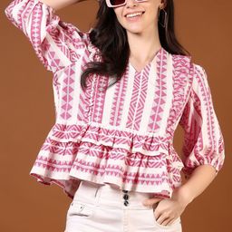 LIMEROAD Women Ethnic Motifs Printed Gathered Or Pleated Cotton Peplum Crop Top-picture-10