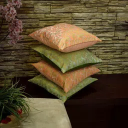 RoyalDeco Bageecha Peach-Coloured 4 Pieces Ethnic Brocade Silk Square Cushion Covers image 2