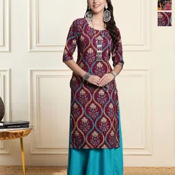HERE&NOW Selection Of 3 Floral Printed Round Neck Straight Kurtas-picture-15