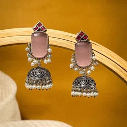 NAMAN ARTS Silver-Plated Artificial Stones Studded & Beaded Dome Shaped Oxidised Jhumkas-picture-24