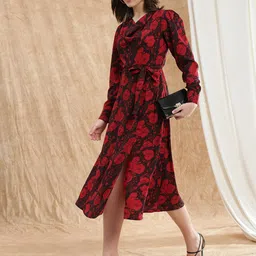 Globus Women Cowl Neck Cuffed Sleeves Floral Print Front Slit Midi A-Line Dress With Belt-image-60
