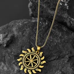 Voylla Men Gold-Plated Statement Solar Wheel Oxidised Pendant With Chain-picture-15