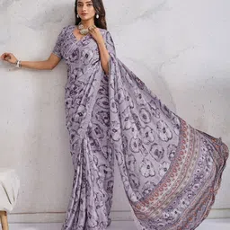 Mitera Floral Printed Satin Saree With Beads and Stones Border-picture-13