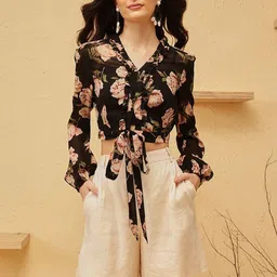 QUIERO BLUES Floral Print Ruffles Georgette Wrap Crop Top-picture-35
