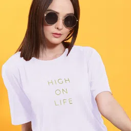 Rigo Women Typography Printed Drop-Shoulder Sleeves T-shirt-image-66