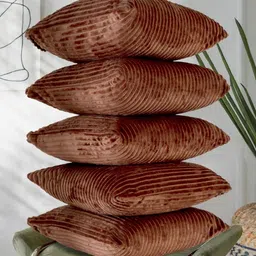 RD TREND Coffee Brown Set of 5 Striped Velvet Square Cushion Covers-picture-16