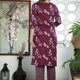 RI AND SU Floral Embroidered Round Neck Pure Cotton Straight Kurta With Trousers & Dupatta image 3