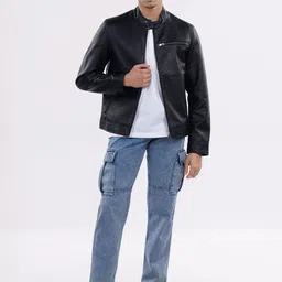 Celio Men Mandarin Collar Solid Lightweight Casual Biker Jacket image 2