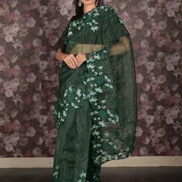 ODETTE Ethnic Motifs Embroidered Organza Saree-image-7