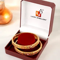 LUCKY JEWELLERY Set Of 2 18K One Gram Gold-plated Stones Studded Bangles image 4