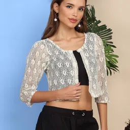 MORDEN MUSE Women Self Design Three-Quarter Sleeves Open Front Crop Shrug image 5